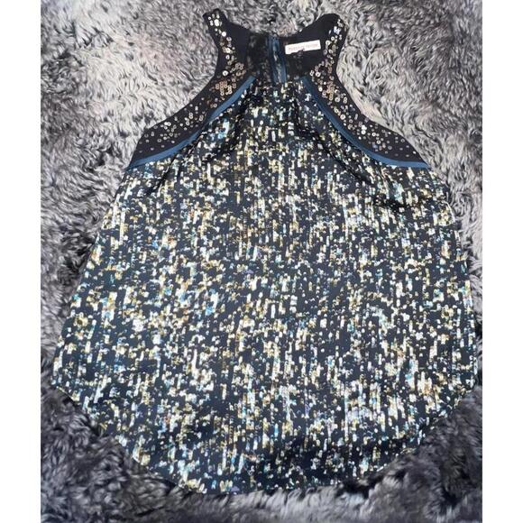 Rebecca Taylor Embellished Blue Print High Neck Tank Top, small - Picture 3 of 9